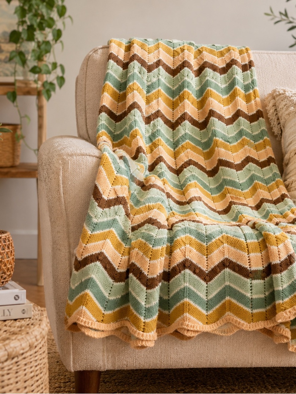 Zara Home Chevron Knit Throw Blanket 39.5” x 55” Sage Mustard Peach Boho